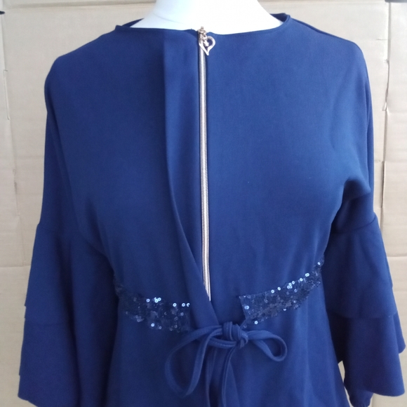 Navy Blue Stretchy Sequined Dressy Traditional Tunic Top with Tiered Bell Sleeve - Picture 2 of 11